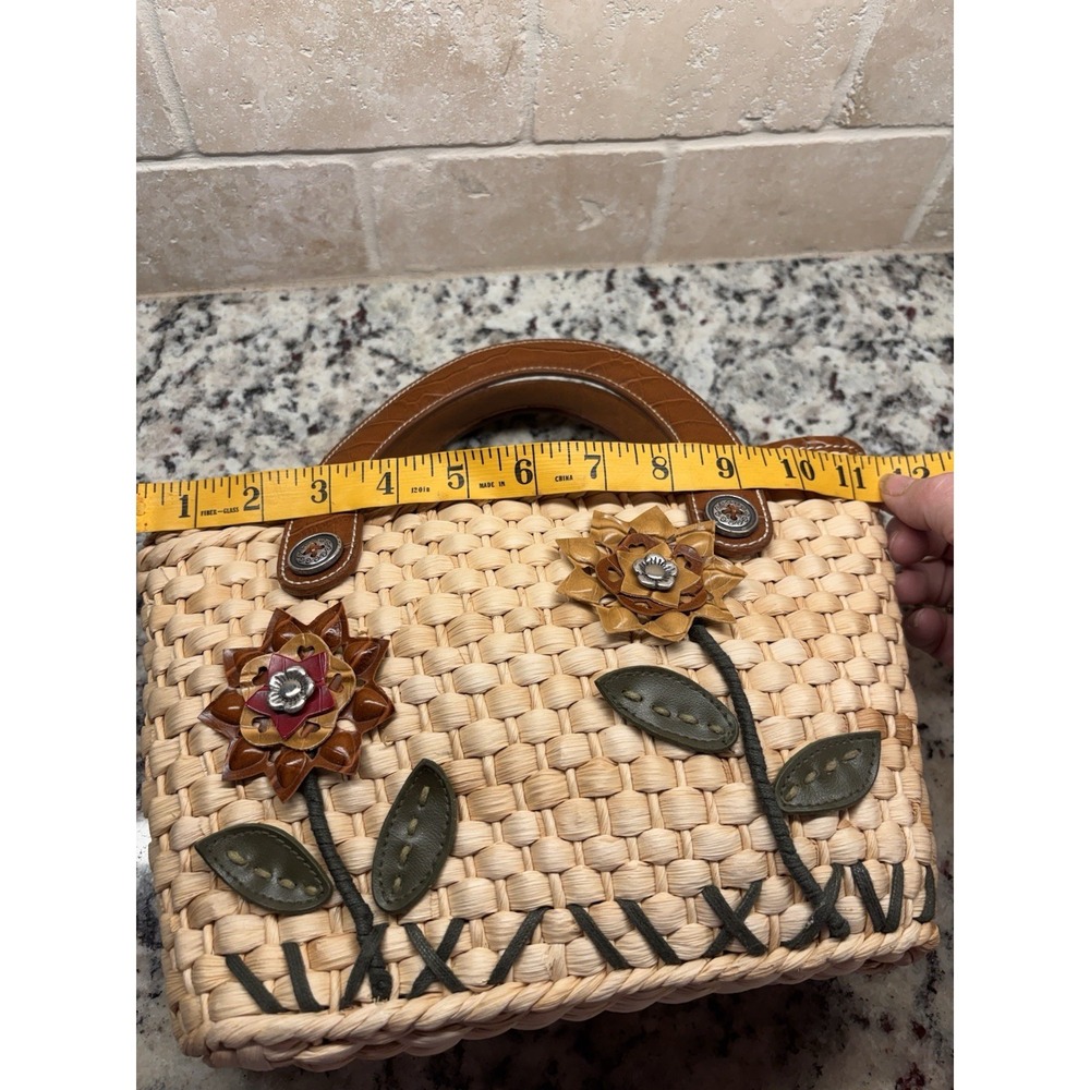 Vtg Y2K Elka Woven Straw Floral Satchel Purse Croc Leather Handle Boho Handbag - Picture 5 of 13
